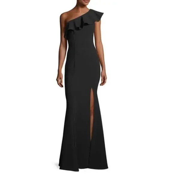 Likely Kane One Shoulder Ruffle Gown Black Formal Maxi Dress Size 2 Slit Elegant